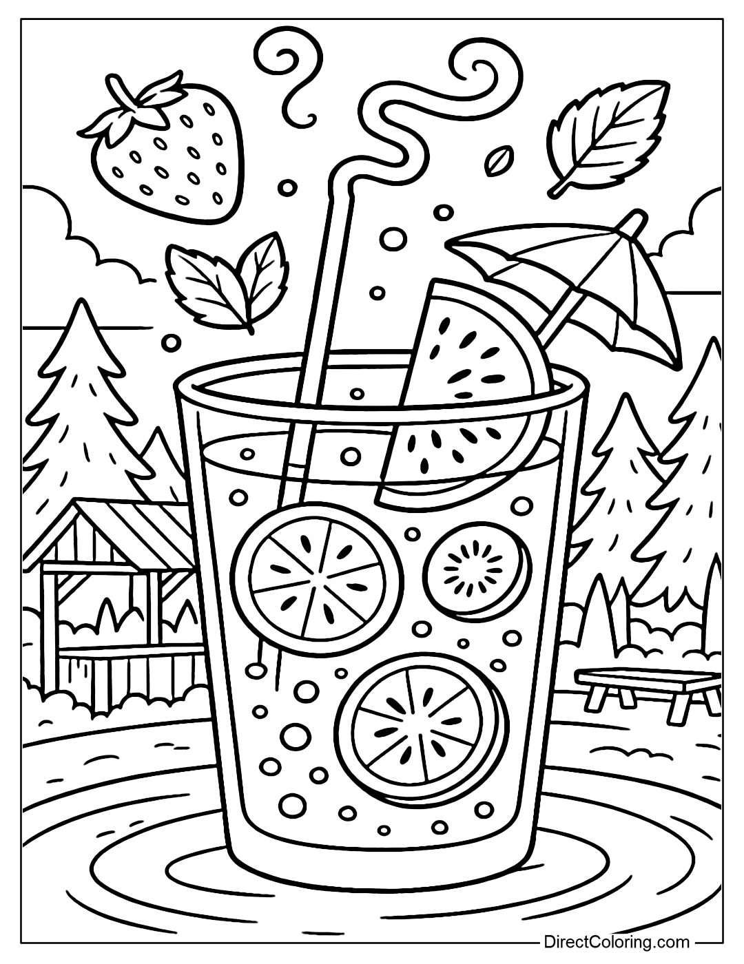 Coloring page of kiwi - strawberry soda glass with wavy straw, floating toppings, the background is a rest stop in the middle of a summer forest.